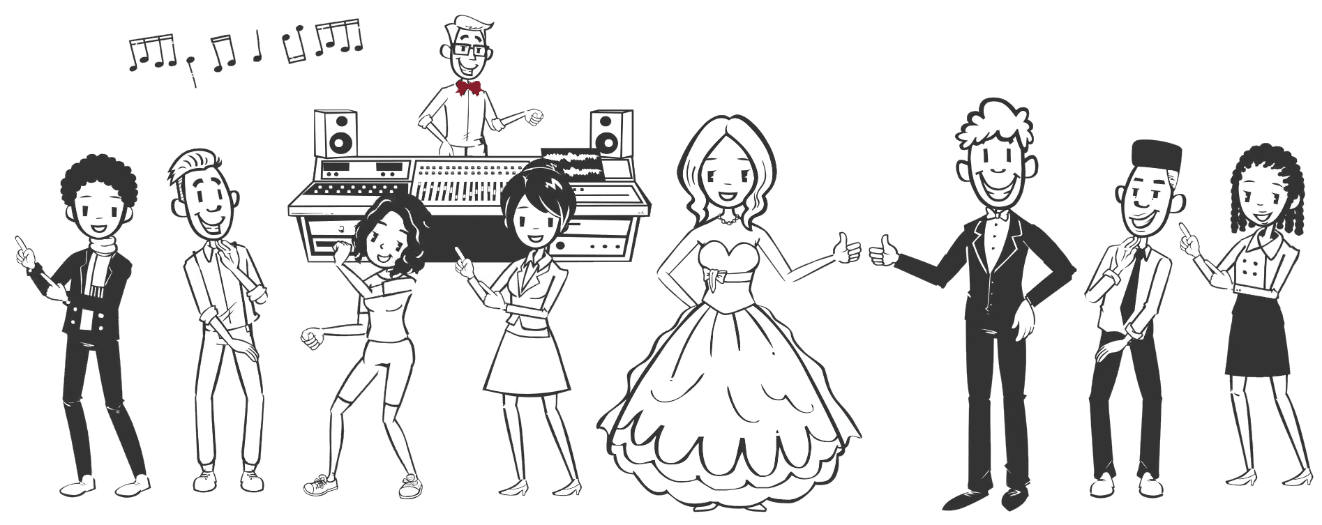 Sophie will tanzen – Illustration: Party und Tanzfläche mit DJ und Brautpaar